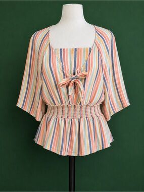 True Craft Multicolor Striped Tie-Front Peplum Blouse